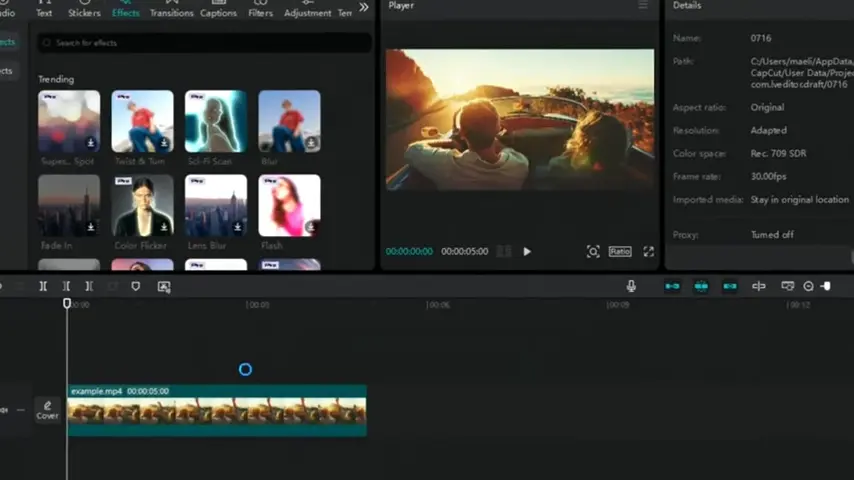 CapCut app showing its effects and functions