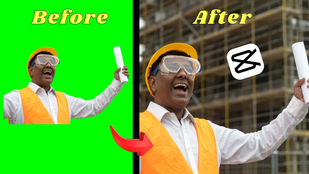 Before and after effect of the chroma key (Green Screen) feature
.